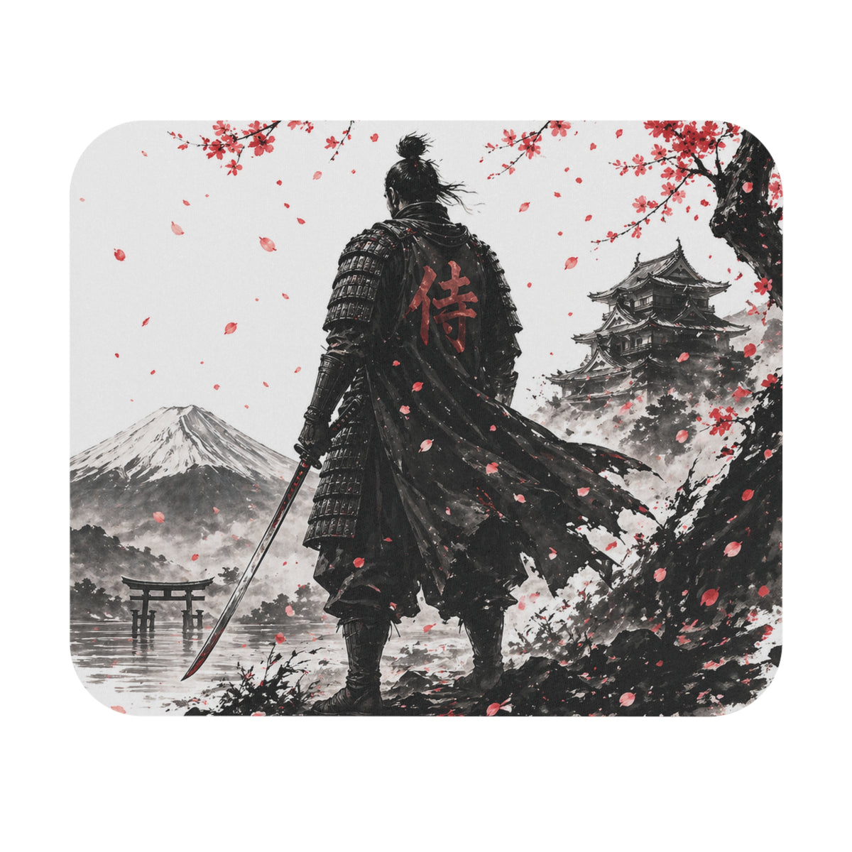 Samurai Cherry Blossom Mouse Pad — Japanese Warrior Desk Mat