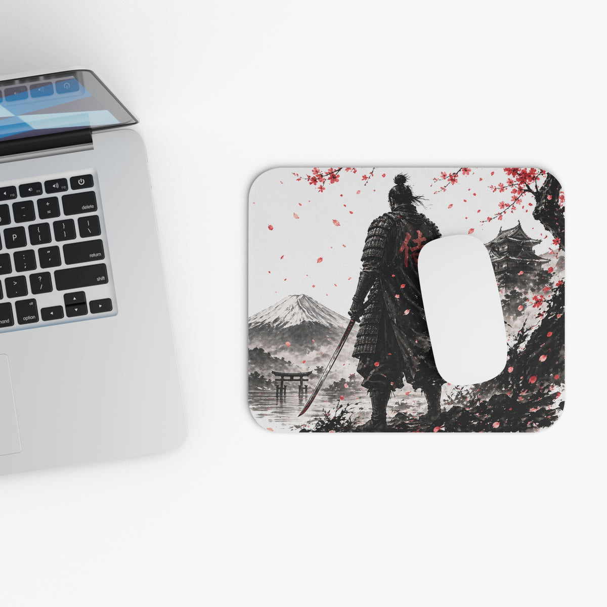 Samurai Cherry Blossom Mouse Pad — Japanese Warrior Desk Mat