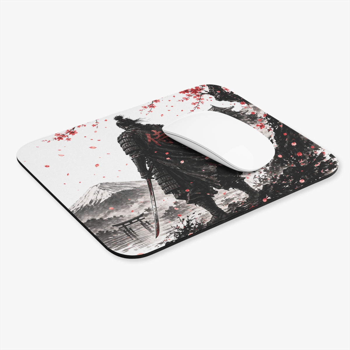 Samurai Cherry Blossom Mouse Pad — Japanese Warrior Desk Mat